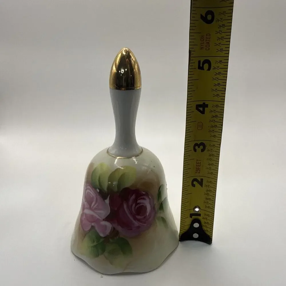 Enesco Japan Bell Floral Rose Gold Accent Hand Painted 4 Inches Tall